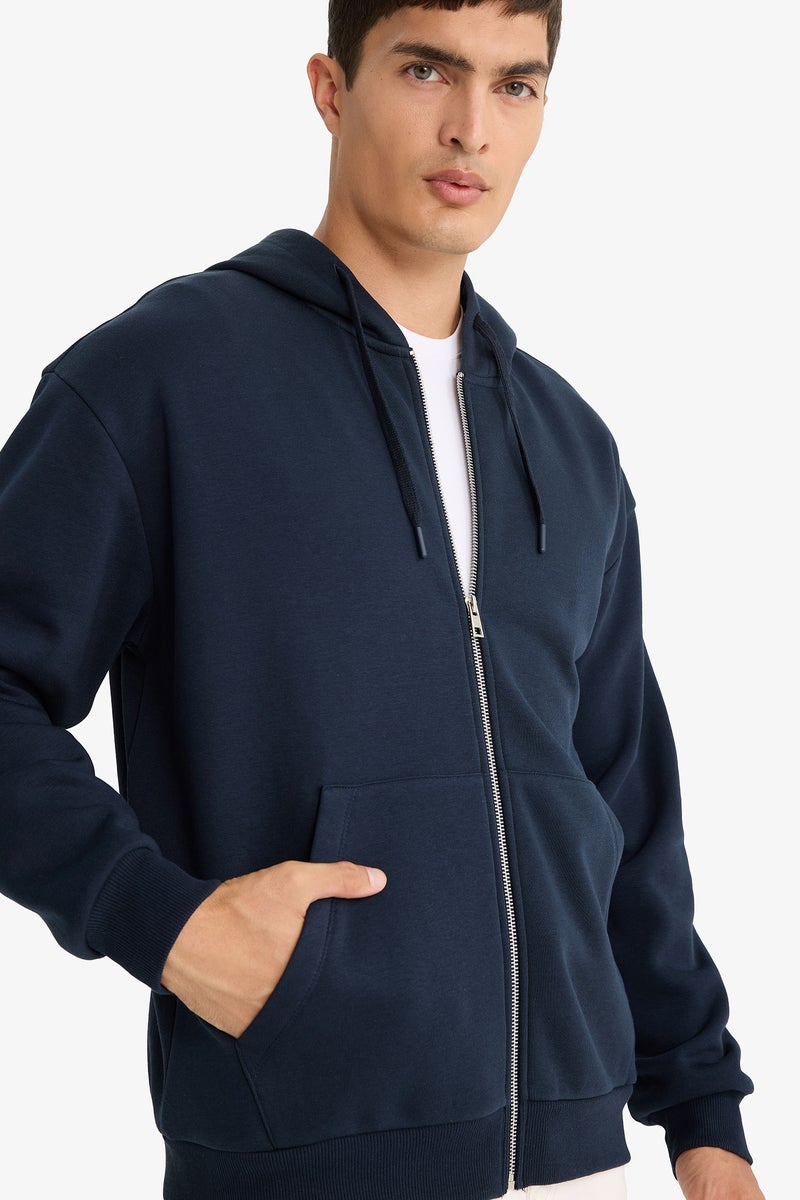 DeFacto Blue Man Comfort Fit Zippered Basic Thick Hoodie Casual - Image 4